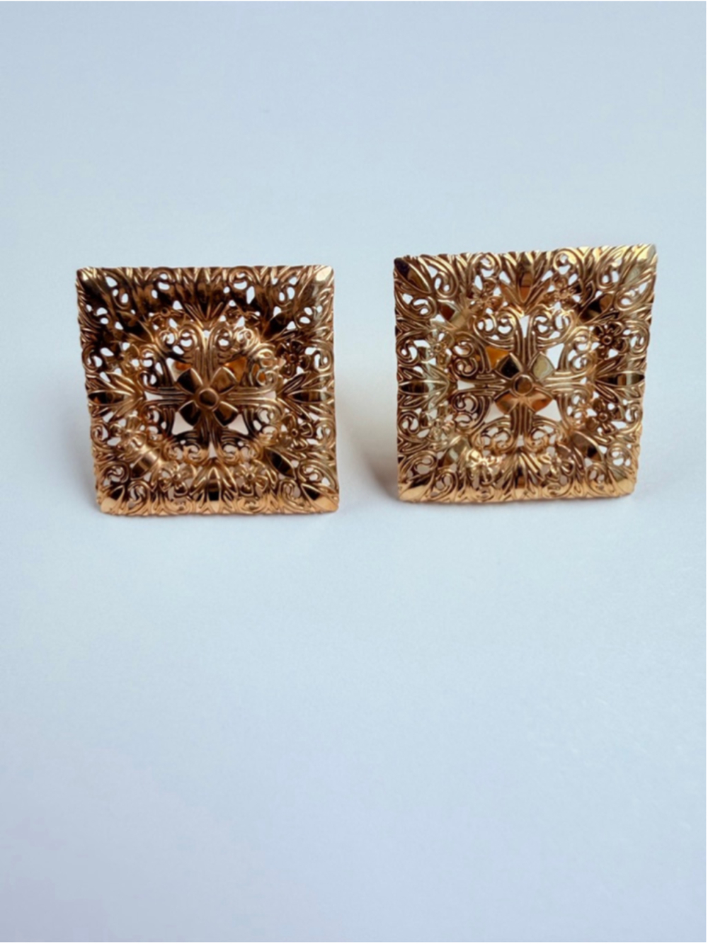 14K Solid Yellow Gold Square Panel Filigree Ornate Stud VTG Fine Earrings Italy